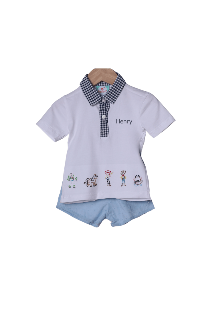 The Smocked Flamingo Apparel & Accessories Cowboy Shadow Embroidered Polo Short Set
