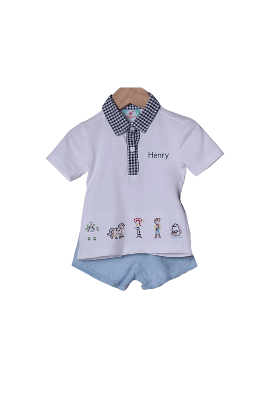 The Smocked Flamingo Apparel & Accessories Cowboy Shadow Embroidered Polo Short Set