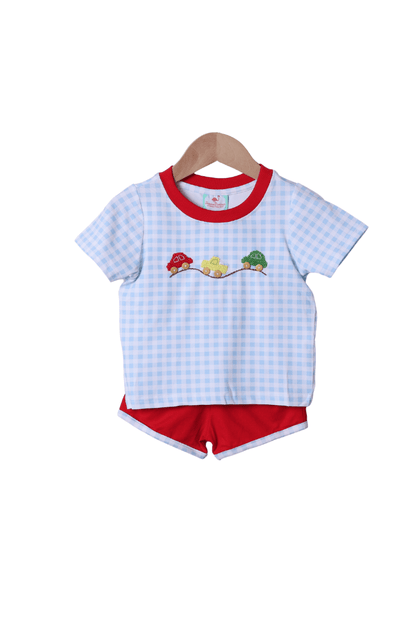 The Smocked Flamingo Apparel & Accessories Crochet Cars Blue Gingham/Red Short Set