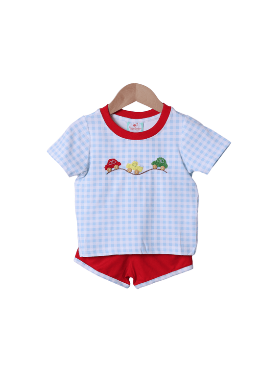 The Smocked Flamingo Apparel & Accessories Crochet Cars Blue Gingham/Red Short Set