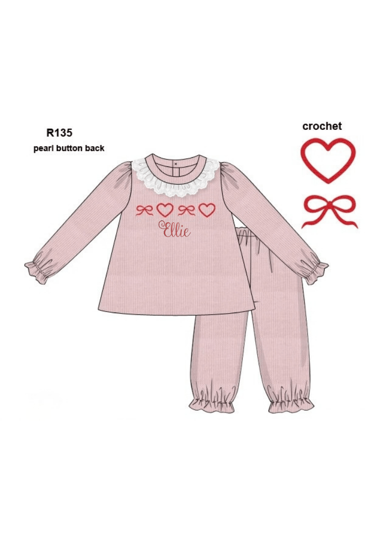 The Smocked Flamingo Apparel & Accessories Crochet Hearts and Bows Pink Cardigan Pant Set