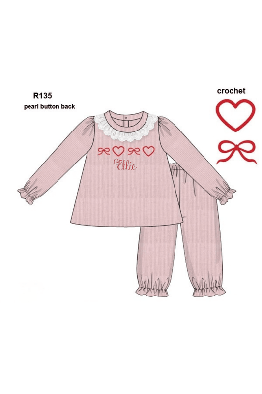 The Smocked Flamingo Apparel & Accessories Crochet Hearts and Bows Pink Cardigan Pant Set