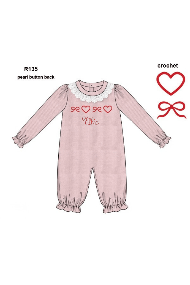 The Smocked Flamingo Apparel & Accessories Crochet Hearts and Bows Pink Cardigan Romper