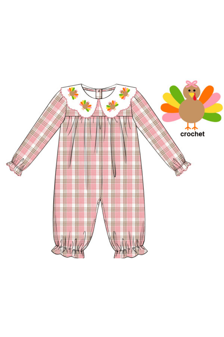 The Smocked Flamingo Apparel & Accessories Crochet Turkey Pink Plaid Romper