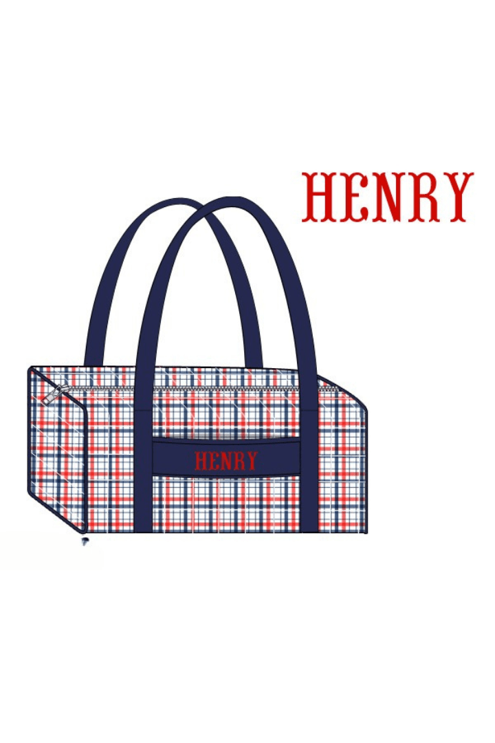 The Smocked Flamingo Apparel & Accessories Duffle Bag Pre-Order Custom Name Blue and Red Plaid Luggage