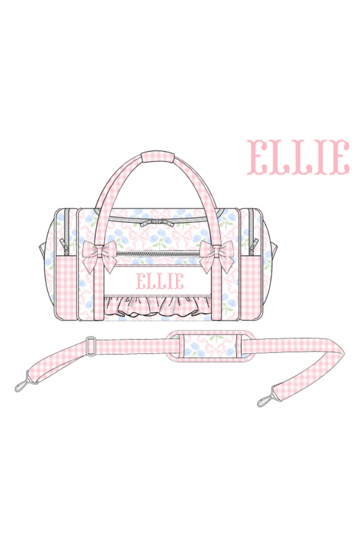 The Smocked Flamingo Apparel & Accessories Duffle Bag Pre-Order Custom Name Sweet Pink Hydrangea Bow Luggage