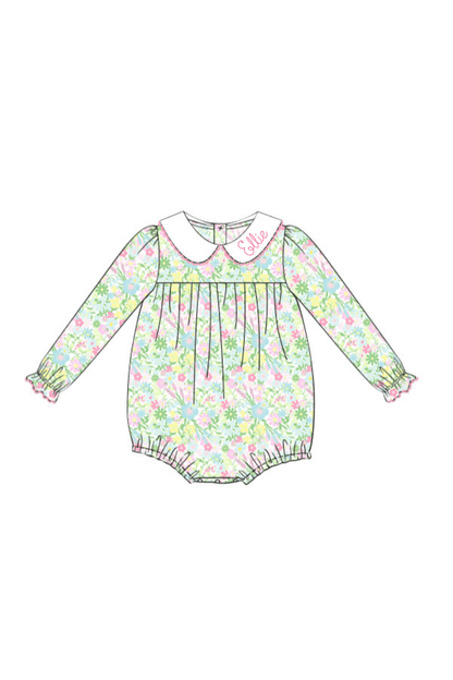 The Smocked Flamingo Apparel & Accessories Ellie Knit Floral Peter Pan Collar Long Sleeve Bubble