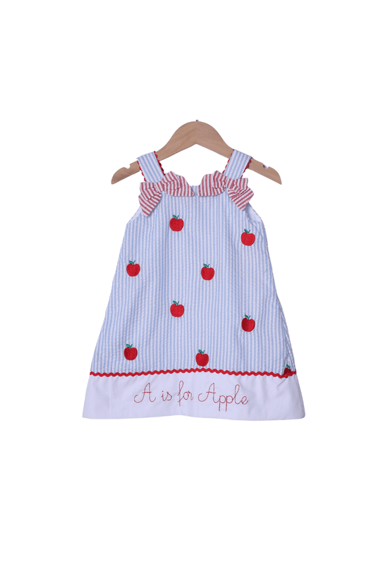 The Smocked Flamingo Apparel & Accessories Embroidered A is for Apple Seersucker Dress