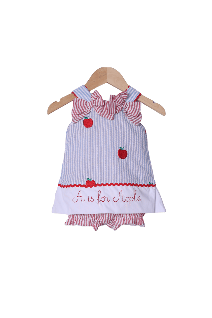 The Smocked Flamingo Apparel & Accessories Embroidered A is for Apple Seersucker Skirted Bubble