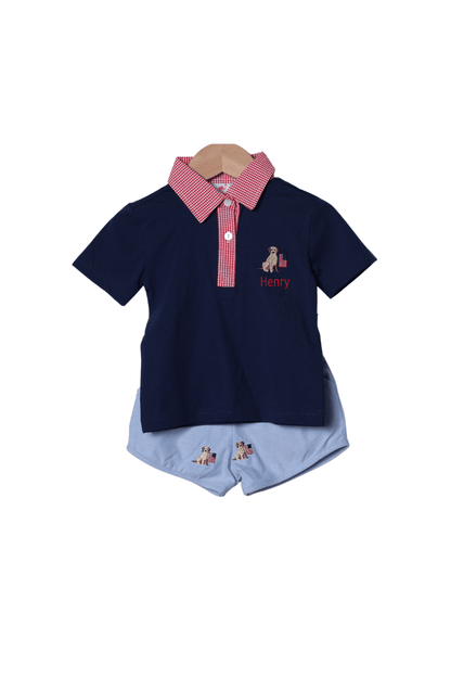 The Smocked Flamingo Apparel & Accessories Embroidered American Pup Polo Short Set