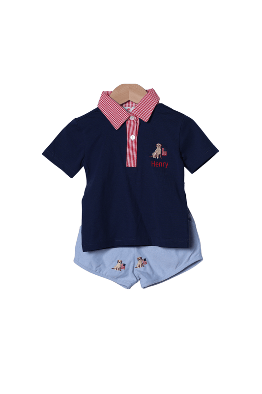 The Smocked Flamingo Apparel & Accessories Embroidered American Pup Polo Short Set