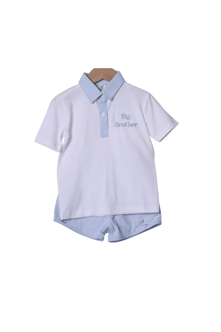 The Smocked Flamingo Apparel & Accessories Embroidered Big Brother Blue Gingham Short Set