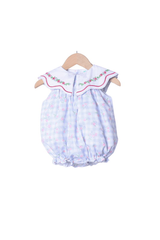 The Smocked Flamingo Apparel & Accessories Embroidered Blue Gingham Floral Bubble