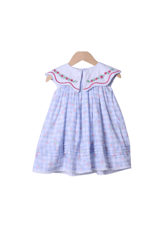 The Smocked Flamingo Apparel & Accessories Embroidered Blue Gingham Floral Dress