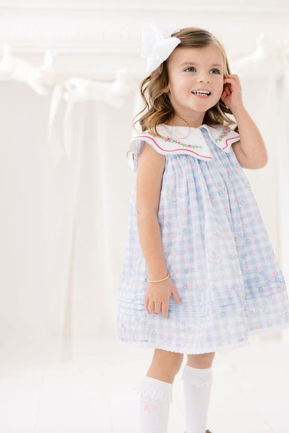 The Smocked Flamingo Apparel & Accessories Embroidered Blue Gingham Floral Dress