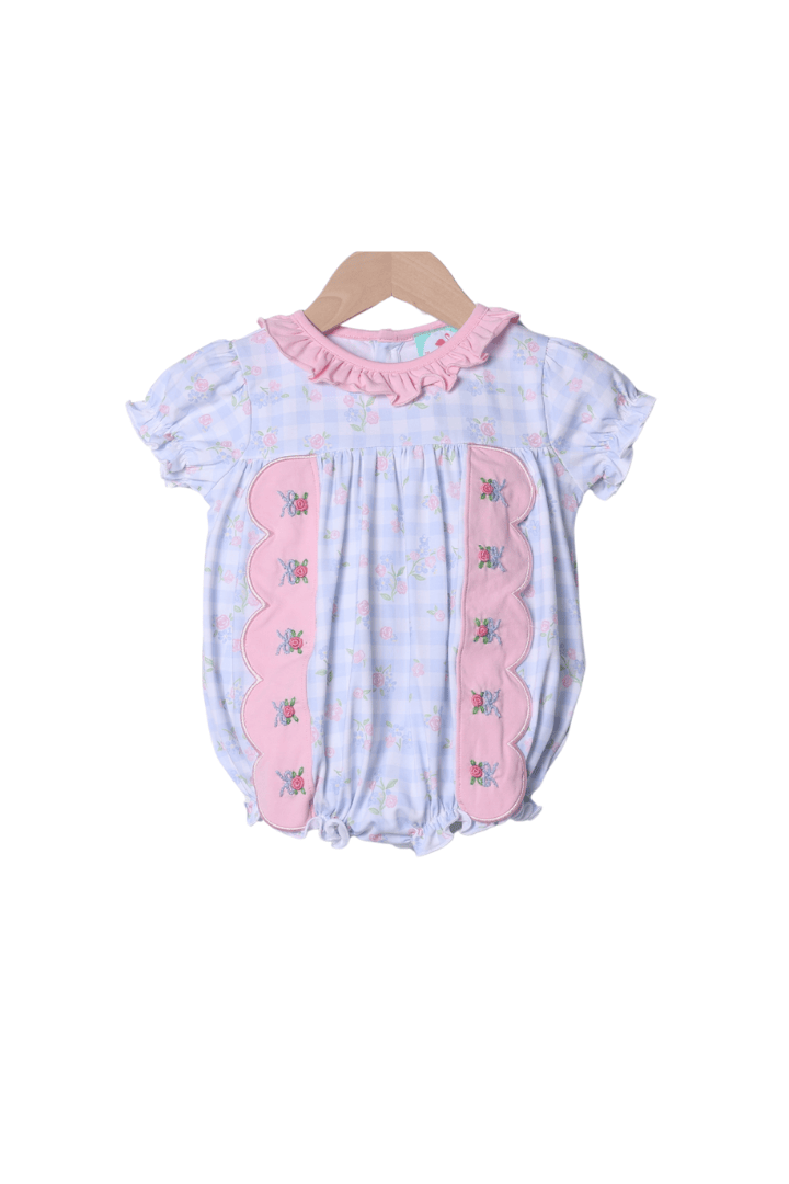 The Smocked Flamingo Apparel & Accessories Embroidered Blue Gingham Floral Scalloped Bubble