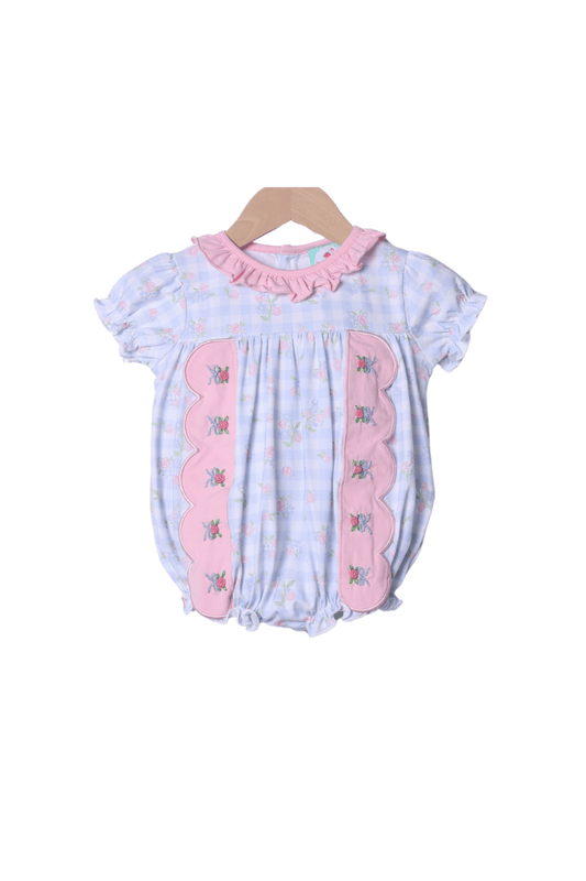 The Smocked Flamingo Apparel & Accessories Embroidered Blue Gingham Floral Scalloped Bubble