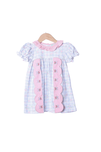 The Smocked Flamingo Apparel & Accessories Embroidered Blue Gingham Floral Scalloped Dress