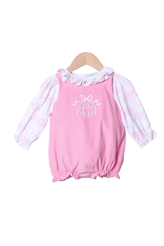 The Smocked Flamingo Apparel & Accessories Embroidered Bow 2 Piece Pink Corduroy Bubble