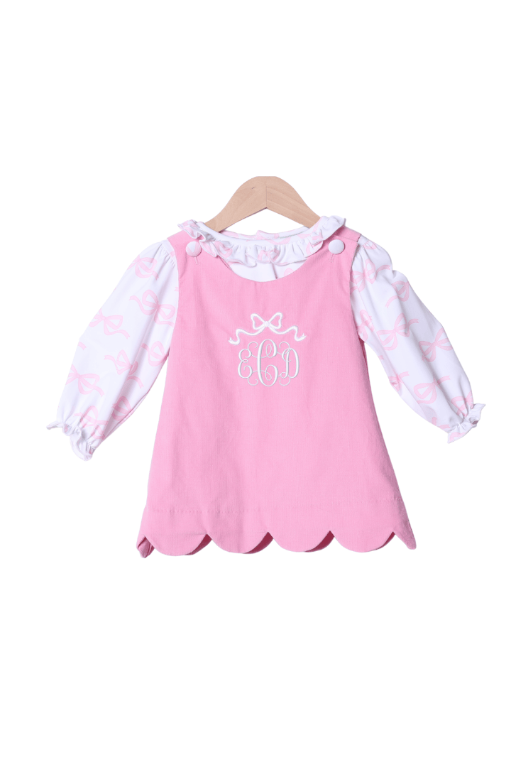The Smocked Flamingo Apparel & Accessories Embroidered Bow 2 Piece Pink Corduroy Dress