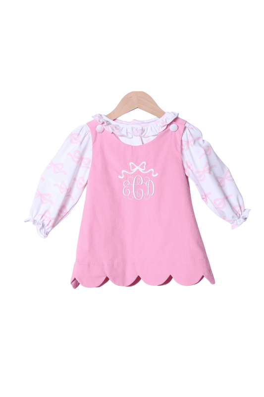 The Smocked Flamingo Apparel & Accessories Embroidered Bow 2 Piece Pink Corduroy Dress