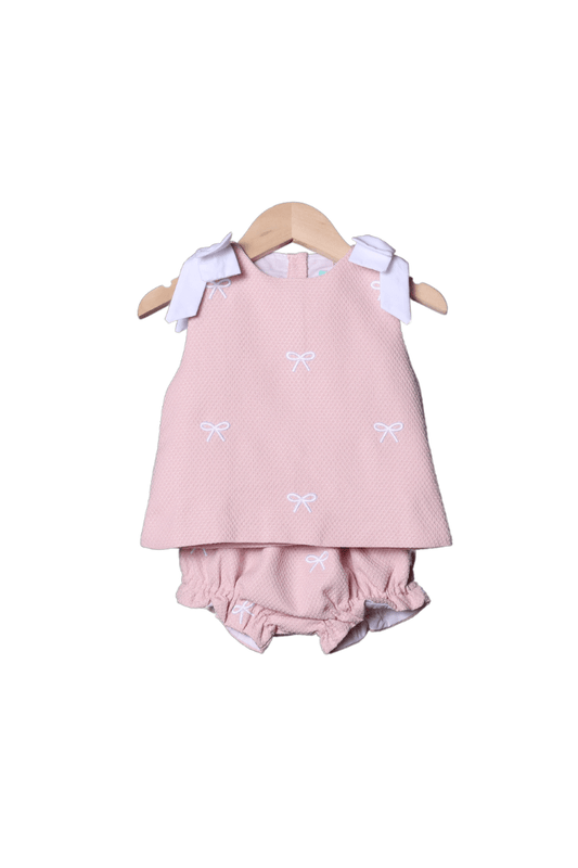 The Smocked Flamingo Apparel & Accessories Embroidered Bow Pink Honeycomb Bloomer Set