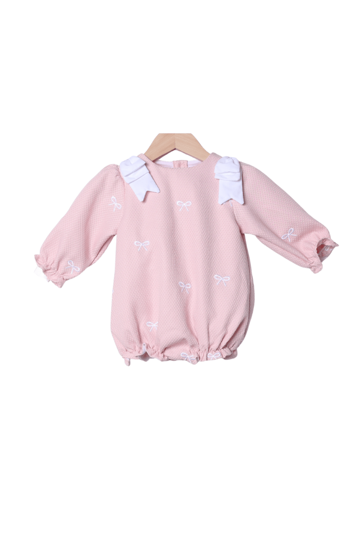 The Smocked Flamingo Apparel & Accessories Embroidered Bow Pink Honeycomb Long Bubble