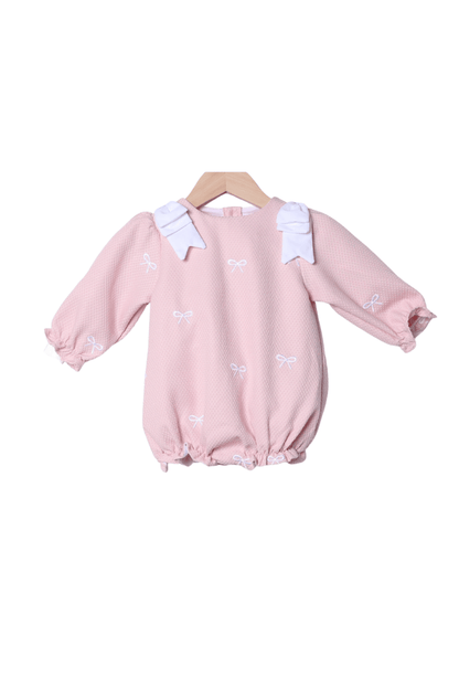 The Smocked Flamingo Apparel & Accessories Embroidered Bow Pink Honeycomb Long Bubble