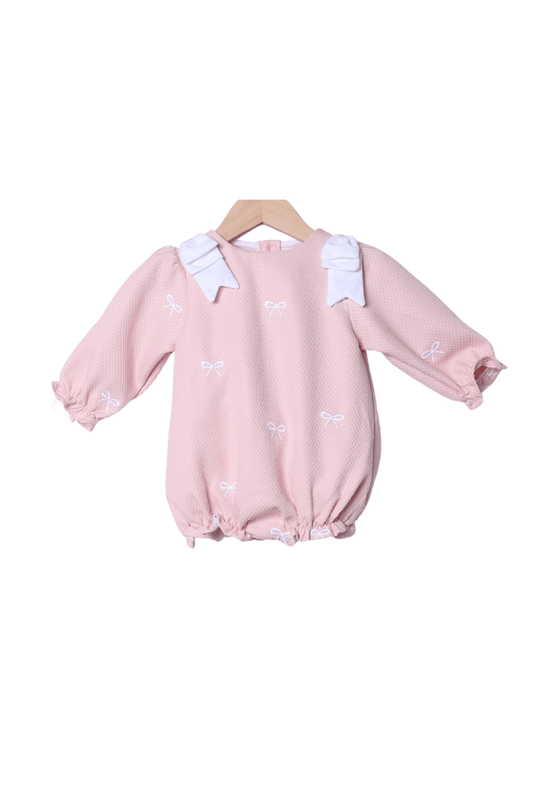 The Smocked Flamingo Apparel & Accessories Embroidered Bow Pink Honeycomb Long Bubble