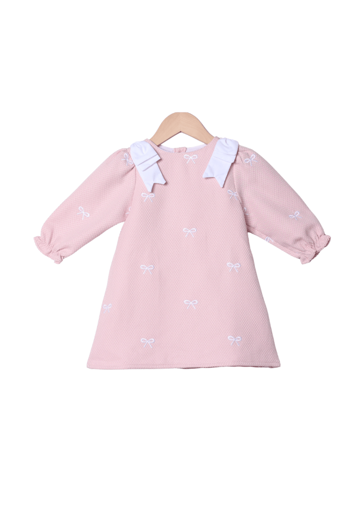 The Smocked Flamingo Apparel & Accessories Embroidered Bow Pink Honeycomb Long Sleeve Dress