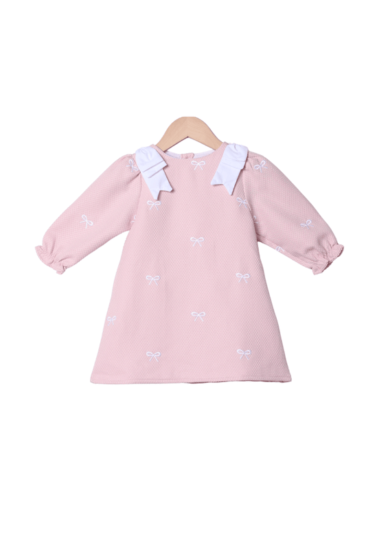 The Smocked Flamingo Apparel & Accessories Embroidered Bow Pink Honeycomb Long Sleeve Dress