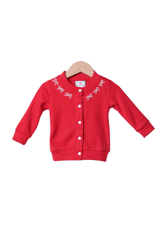 The Smocked Flamingo Apparel & Accessories Embroidered Bow Red Button Down Cardigan Sweater