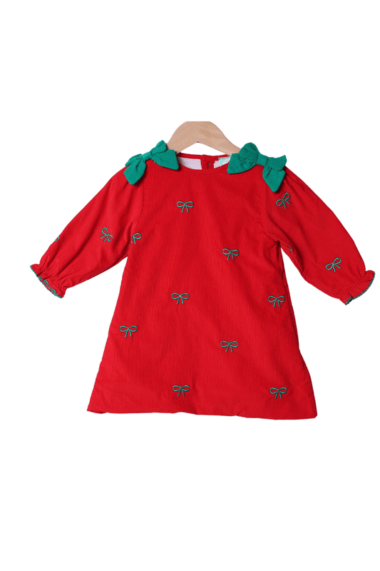 The Smocked Flamingo Apparel & Accessories Embroidered Bows Red/Green Corduroy Dress
