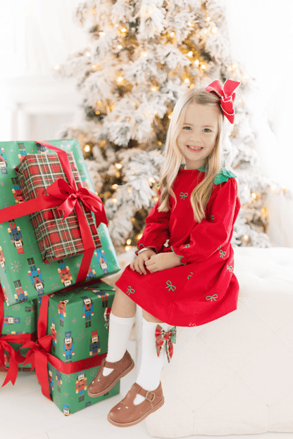 The Smocked Flamingo Apparel & Accessories Embroidered Bows Red/Green Corduroy Dress