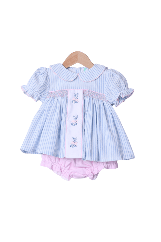 The Smocked Flamingo Apparel & Accessories Embroidered Bunny Blue Pinstripe Bloomer Set