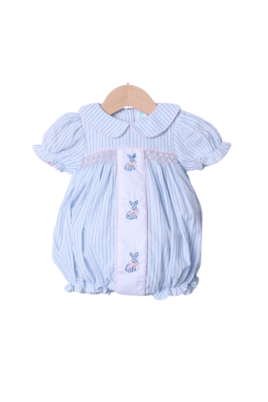 The Smocked Flamingo Apparel & Accessories Embroidered Bunny Blue Pinstripe Bubble