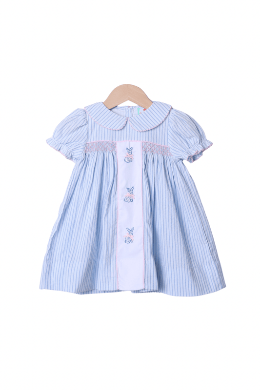 The Smocked Flamingo Apparel & Accessories Embroidered Bunny Blue Pinstripe Dress