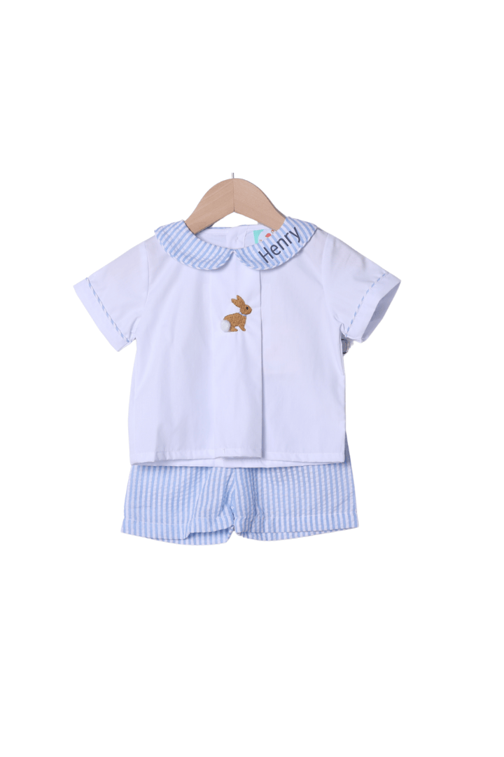 The Smocked Flamingo Apparel & Accessories Embroidered Bunny Blue Seersucker Short Set