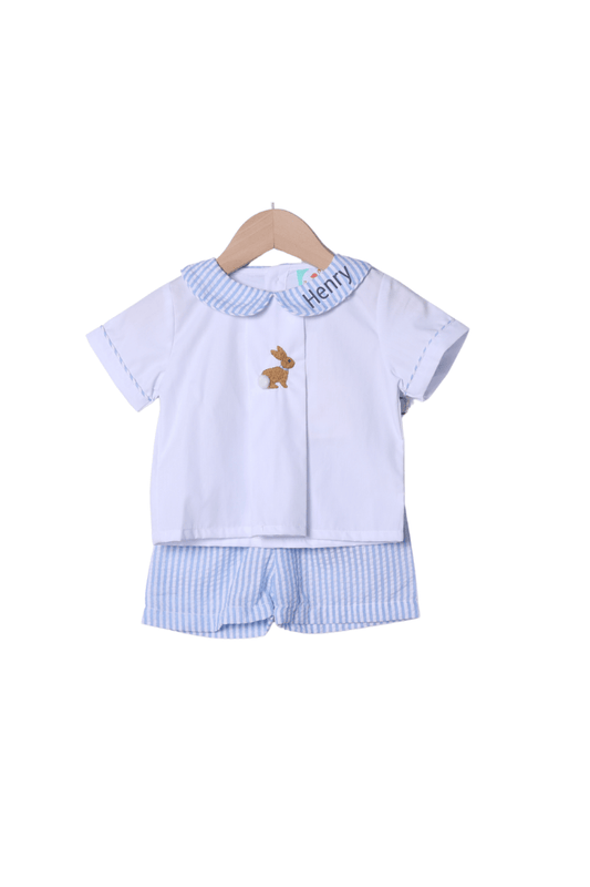 The Smocked Flamingo Apparel & Accessories Embroidered Bunny Blue Seersucker Short Set