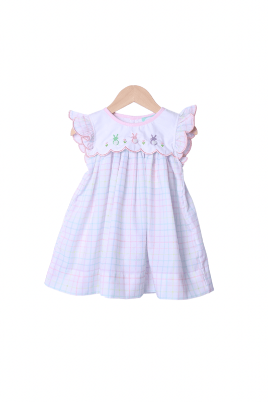 The Smocked Flamingo Apparel & Accessories Embroidered  Bunny Pastel Plaid  Dress