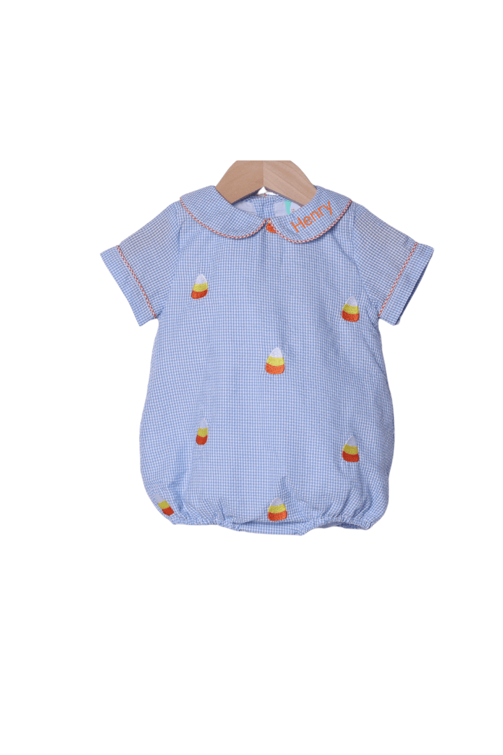 The Smocked Flamingo Apparel & Accessories Embroidered Candy Corn Blue Gingham Seersucker Bubble