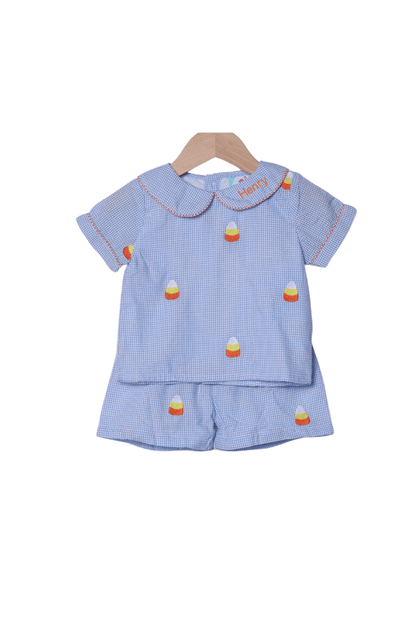 The Smocked Flamingo Apparel & Accessories Embroidered Candy Corn Blue Gingham Seersucker Short Set