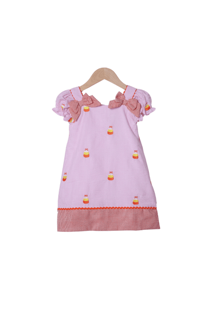 The Smocked Flamingo Apparel & Accessories Embroidered Candy Corn Pink/Orange Gingham Seersucker Dress