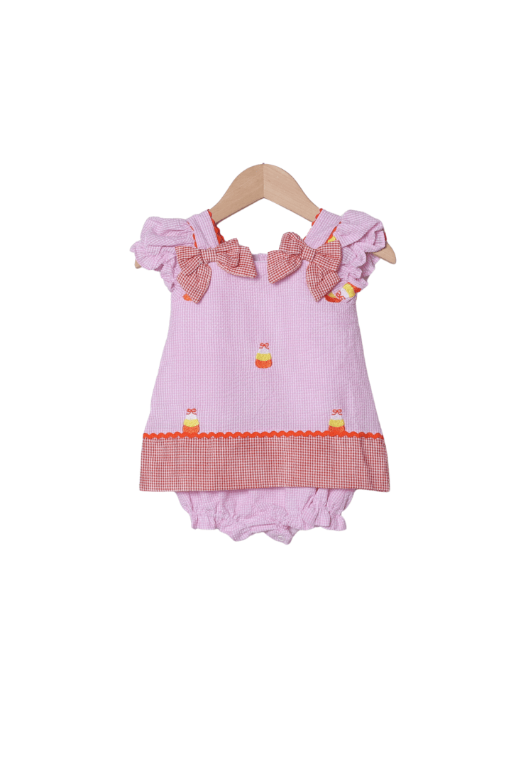 The Smocked Flamingo Apparel & Accessories Embroidered Candy Corn Pink/Orange Gingham Seersucker Skirted Bubble