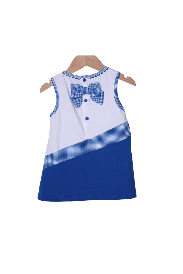 The Smocked Flamingo Apparel & Accessories Embroidered Cheer Blue and White Dress