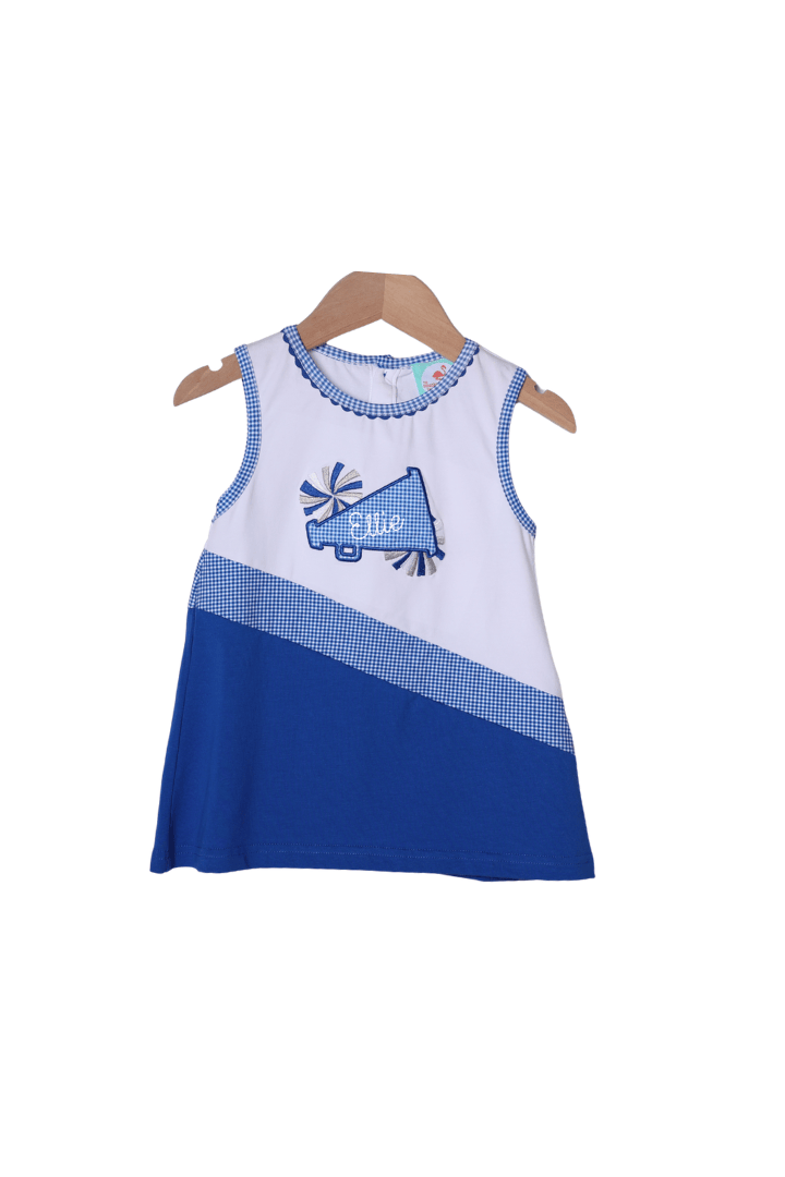 The Smocked Flamingo Apparel & Accessories Embroidered Cheer Blue and White Dress