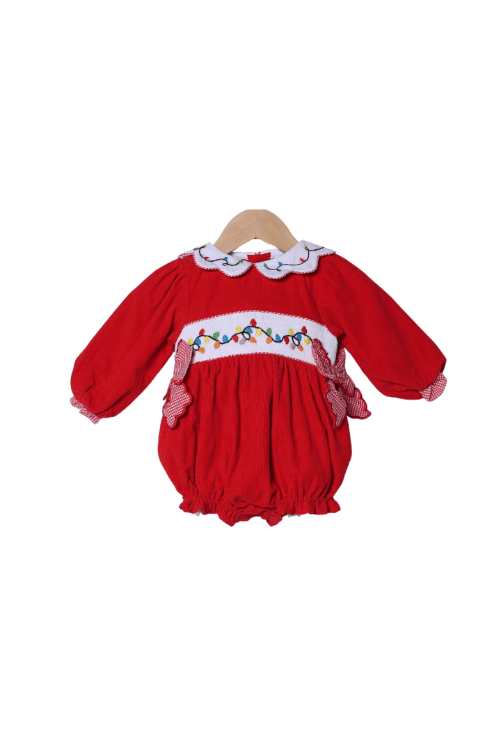 The Smocked Flamingo Apparel & Accessories Embroidered Christmas Lights Red Corduroy Bubble