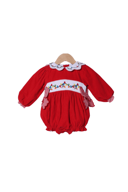 The Smocked Flamingo Apparel & Accessories Embroidered Christmas Lights Red Corduroy Bubble