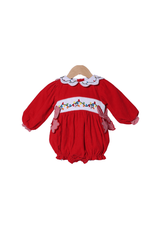 The Smocked Flamingo Apparel & Accessories Embroidered Christmas Lights Red Corduroy Bubble