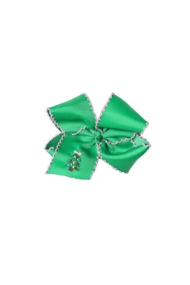 The Smocked Flamingo Apparel & Accessories Embroidered Christmas Tree Scalloped Edge Grosgrain Bow Green/Pink